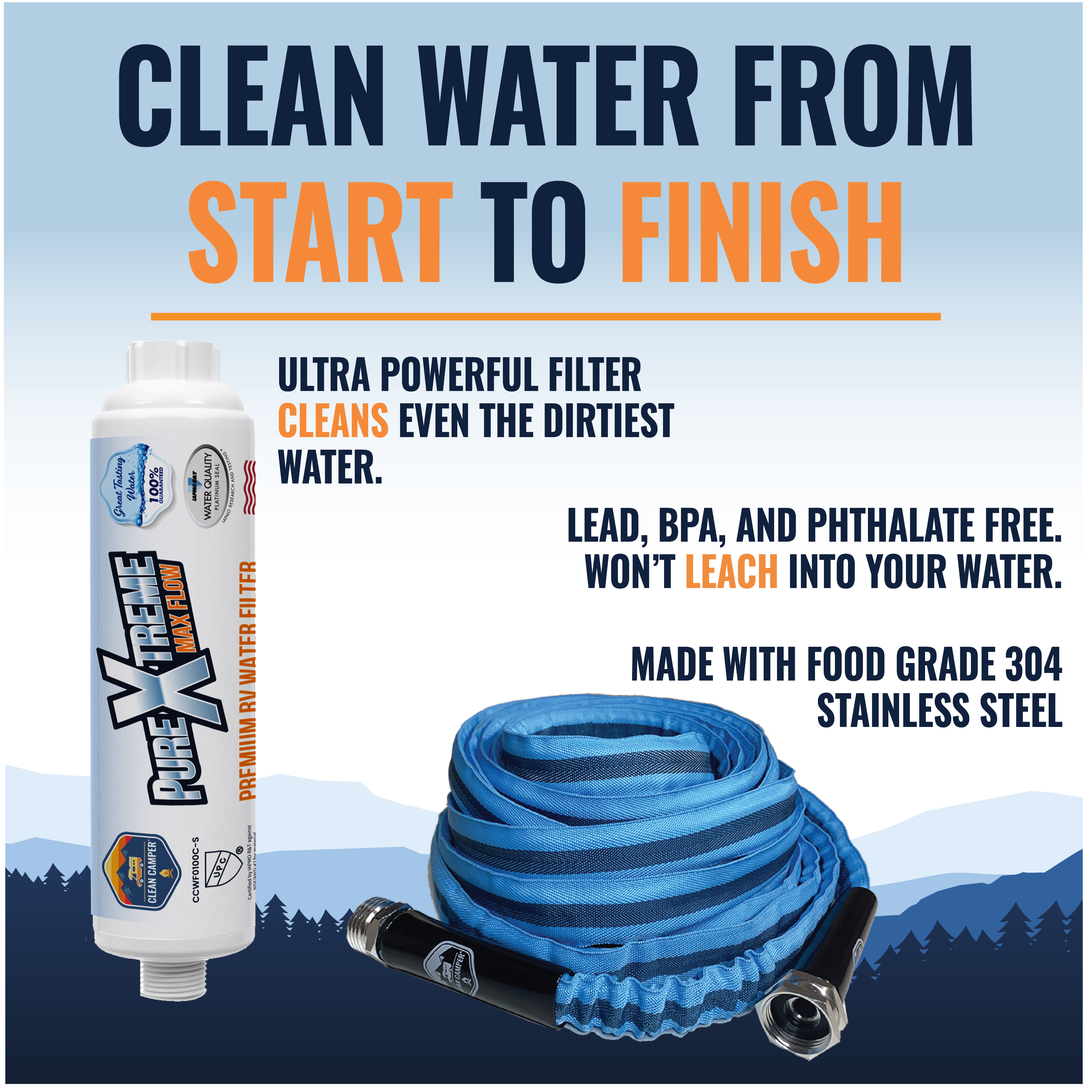 Clean Camper RV Flexible Drinking Water Hose & Water Filter Bundle